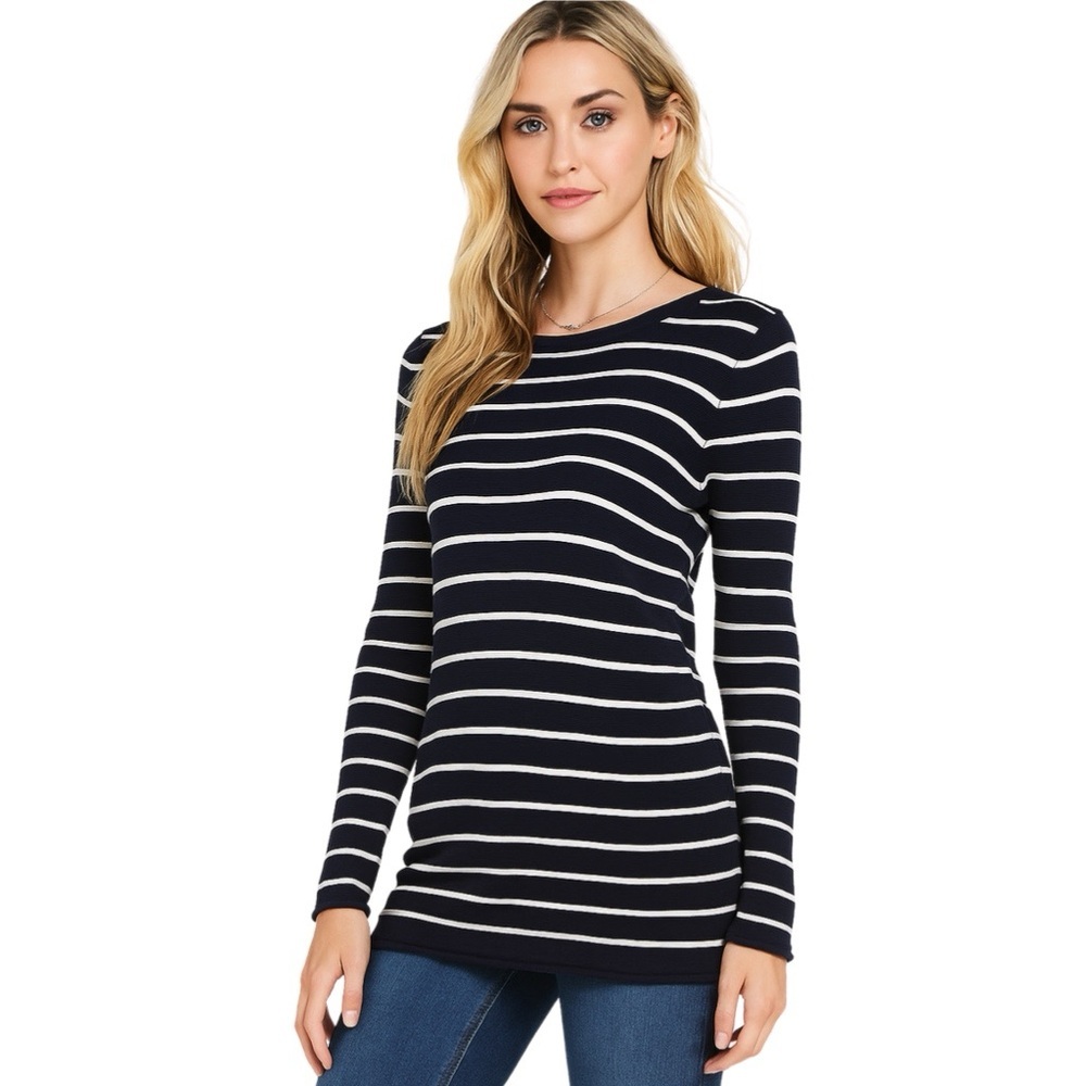 H&M Striped Crewneck Knit Sweater Navy Blue White Small S
